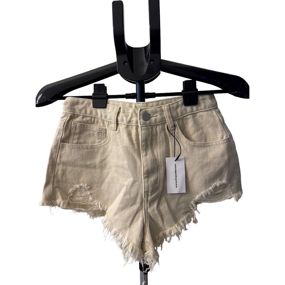 Cider‎ Beige Denim Shorts Distressed Raw Hem Womens Small NWT Casual Chic Style